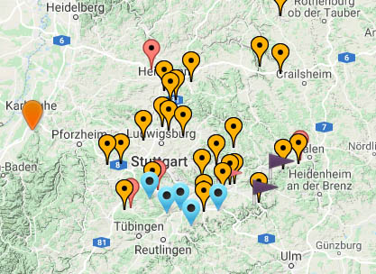 Eine Landkarte von Baden Württemberg, in dem die einzelnen Projekte mit Fähnchen und anderen Symbolen gekennzeichnet sind.