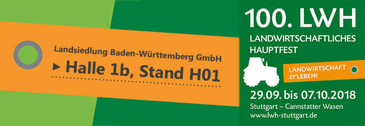 Banner für das 100. Landwirtschaftliche Hauptfest mit Details zum Standort der Landsiedlung Baden-Württemberg GmbH in Halle 1b, Stand H01.